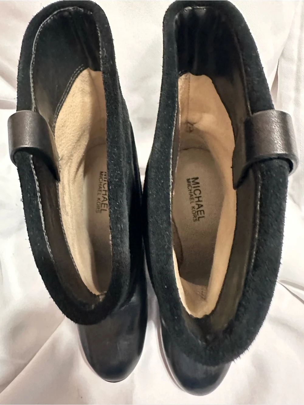 Michael Kors Black Leather & Suede Block Heel Ankle Boots with white MK Accent